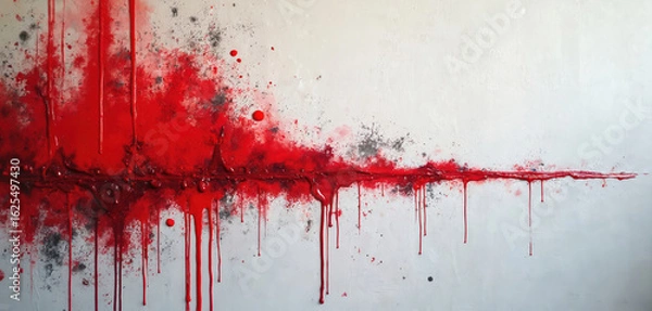 Fototapeta Abstract painting features vivid red paint dripped across textured white surface. Splatters, grunge elements add depth. Suggests chaos, danger, raw emotion. High contrast design with aged, weathered