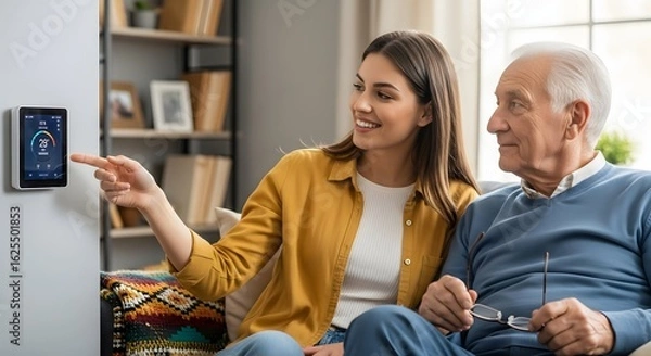 Fototapeta A young woman and an elderly man are sitting on a couch, looking at a smart thermostat on the wall. The woman is pointing at the screen, while the man is smiling and looking at her.