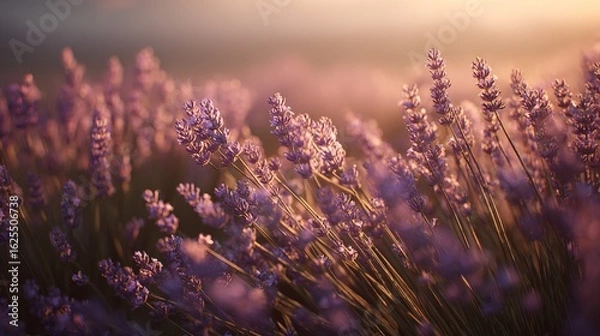Fototapeta Lavender Field in Bloom at Sunset with Warm Golden Light and Soft Focus