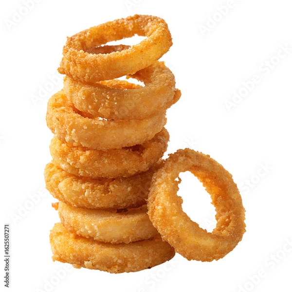 Obraz "Crispy golden onion rings stacked in a pyramid shape, deep-fried texture, isolated on transparent background, front view, soft shadows, photorealistic style"