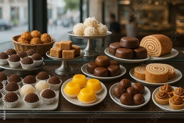 Obraz Assorted traditional Brazilian sweets displayed on bakery counter, including brigadeiros, beijinhos, quindins, cocadas, and caramel treats