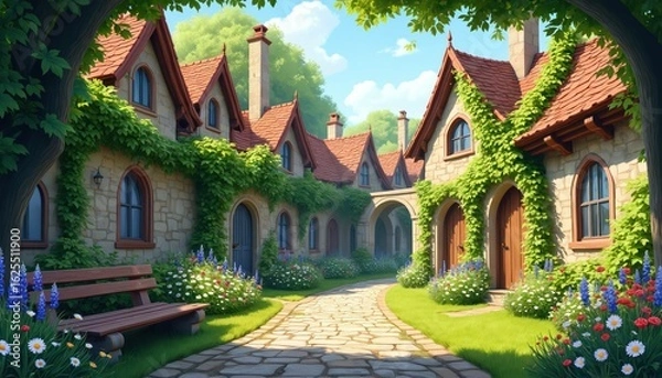 Fototapeta Fairytale village courtyard with ivy-covered stone houses, blooming flowers. Stone path leads through green grass, colourful summer blooms, creating charming, peaceful, magical, cosy, dreamy