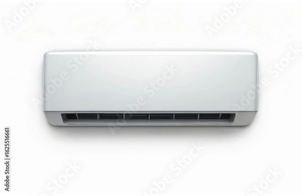 Fototapeta Modern air conditioning unit isolated on white background. Sleek appliance provides efficient cooling, heating for homes, commercial spaces, ensuring indoor comfort year-round. Clean design fits
