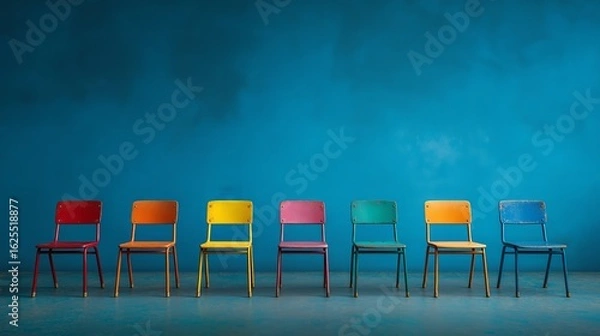 Fototapeta Seven colorful vintage chairs in a row against a vivid blue wall, showing signs of age and personality
