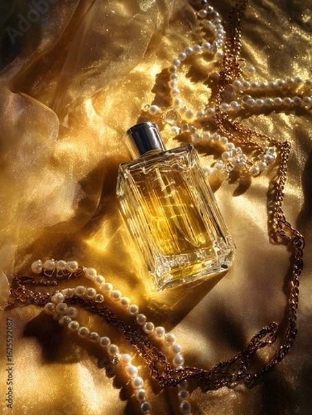Fototapeta Luxury Perfume Bottle with Pearls & Gold Chains – Top-Down on Golden Silk, Opulent Branding Visual