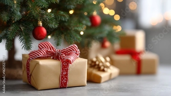 Fototapeta Wrapped Christmas presents with red ribbons under a decorated tree, festive holiday setting, indoors.