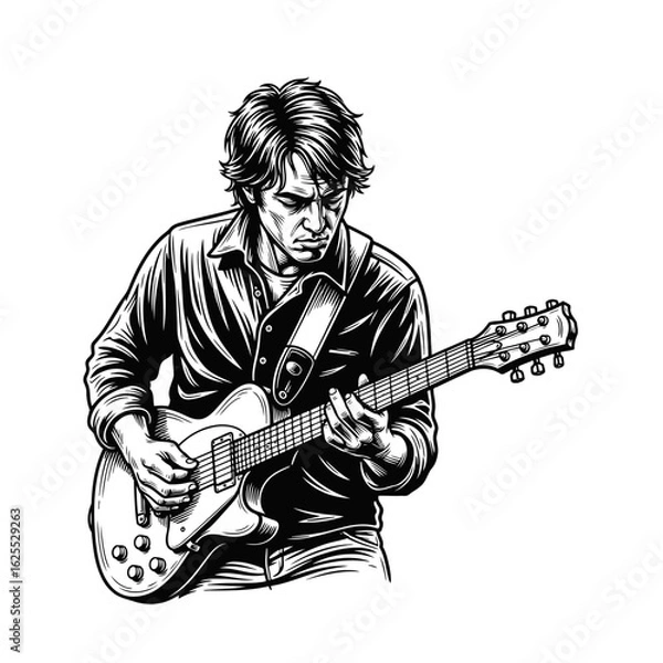Obraz Illustration of a male musician passionately playing an electric guitar, captured in a dynamic black and white sketch style