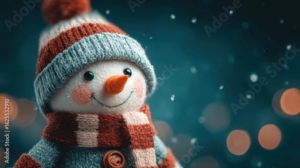 Fototapeta Snowman with black hat and red scarf standing on snowy ground against a clear winter sky.