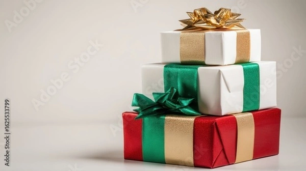 Fototapeta Three wrapped gifts stacked with a shiny gold bow on top against a white background.