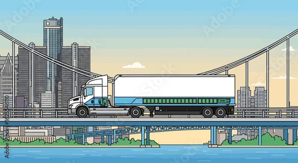 Fototapeta Vector Illustrations. Modern SemiTruck on a Suspension Bridge with Detroit Skyline at Sunrise Illustration. AI EPS Editable
