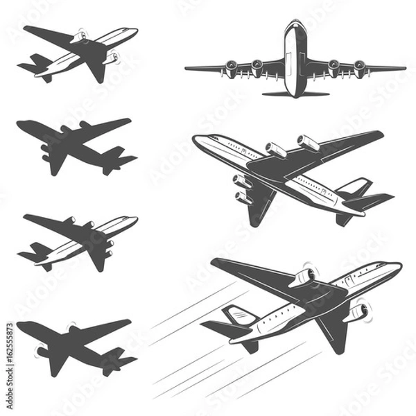 Obraz 
The silhouette of a passenger airplane in a flight. From different angles. For advertising and design.