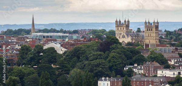 Fototapeta Panoramic view of the city of Exeter. The cathedral and the church of St Michael are well seen. Many large trees and small houses. City center. Devon. England