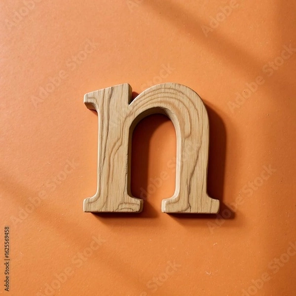 Obraz Lowercase Letter n Carved from Weathered Cedar Wood – Rustic Design with Soft Grain Texture on Warm Soft Orange Background for Natural Alphabet and Organic Typography Themes