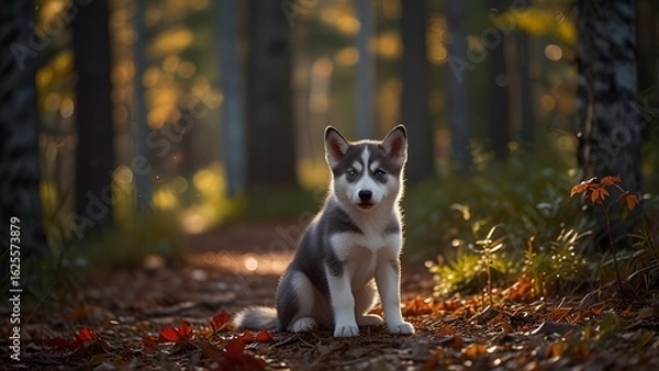 Fototapeta An adorable Siberian Husky puppy sitting on a forest path covered with colorful autumn leaves during a sunny day. Cute animal concept