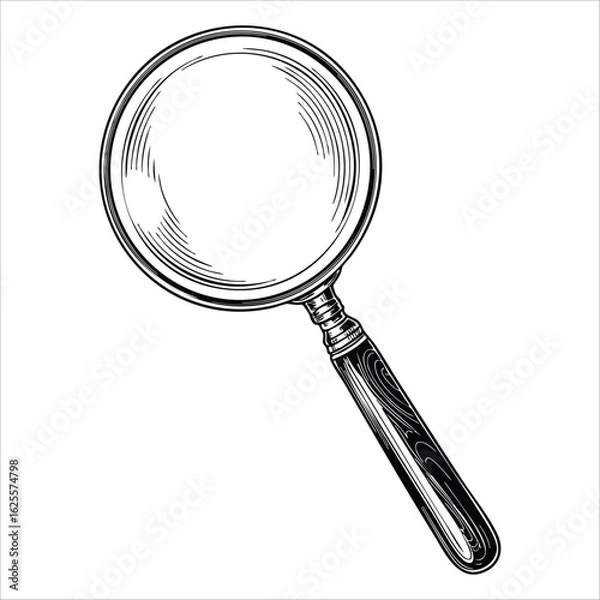 Fototapeta Engraved magnifying glass retro sketch vintage detective search equipment hand drawn loupe optical instrument isolated on white background vector illustration