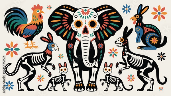 Fototapeta Colorful Day of the Dead Animals Illustration with Elephant Skull, Roosters and Rabbits