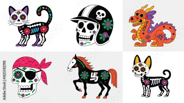 Fototapeta Whimsical Día de Muertos Illustrations Sugar Skull Cat, Dragon, Horse, Dog, and Pirate