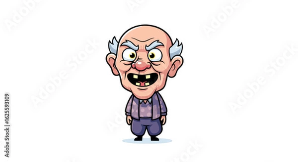 Fototapeta Cartoonish depiction of an elderly man with exaggerated features and a grumpy expression stands isolated