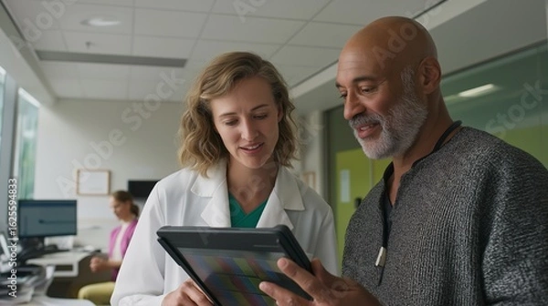 Fototapeta Healthcare professional uses tablet showing patient information data. AI generated