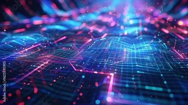 Obraz Abstract Digital Grid Network with Glowing Lines and Particles - Technology Data Backgroun