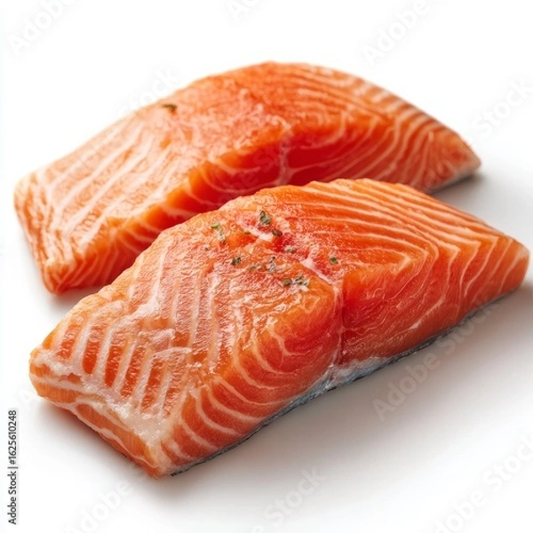 Fototapeta Close-up of two fresh salmon fillets with bright orange marbling on a clean white background, raw seafood ready to cook