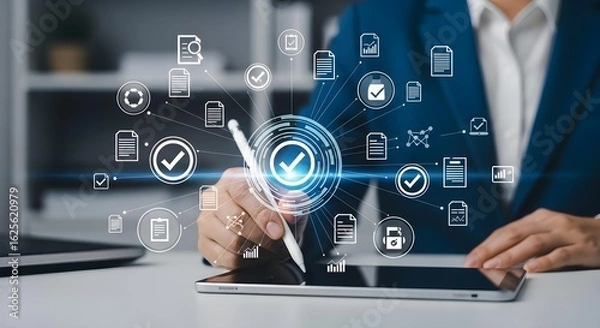 Obraz Streamline document management with digital approval workflow on a tablet for efficient business solutions