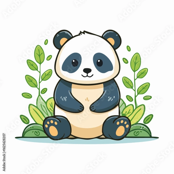 Fototapeta Adorable Panda Illustration Surrounded by Lush Greenery in a Playful Cartoon Style