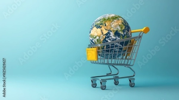 Fototapeta A model of planet Earth inside a miniature shopping cart. A concept for global e-commerce, international trade, consumerism, and environmental sustainability.