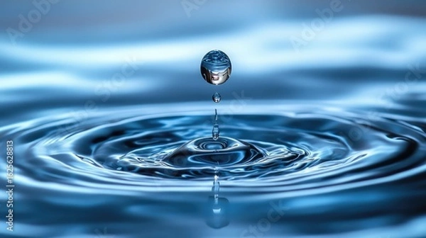 Fototapeta A macro close-up of a single water droplet bouncing on a water surface, creating concentric ripples. A concept for purity, the ripple effect, tranquility, and cause and effect.