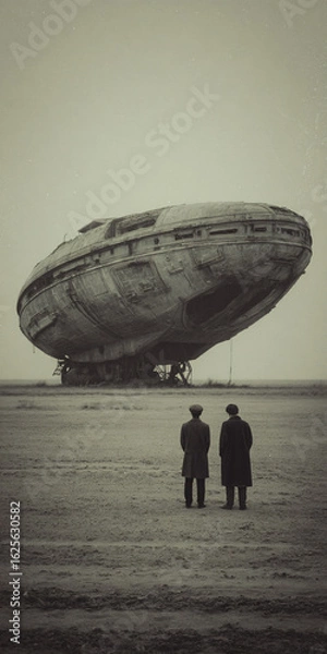 Fototapeta Spaceship Alien Exploration Vintage-Style Sepia Scene Future Technology Landscape Travel Mystery Adventure Men Standing Earth Structure Atmosphere Retro Spacecraft Extraterrestrial Anomaly Discovery