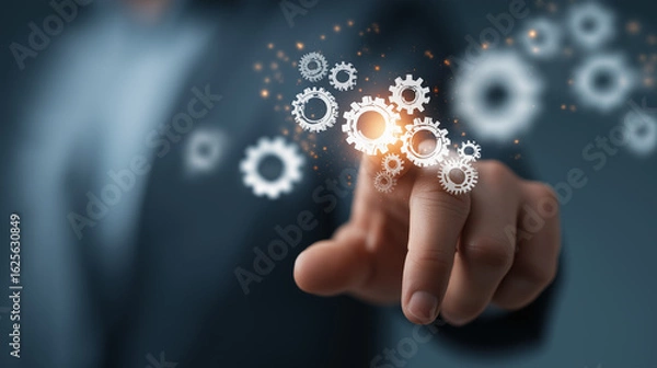 Fototapeta Businessman hand finger  touch floating digital gear symbolize connection between technology industry.