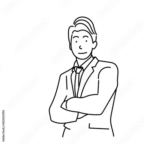 Fototapeta 腕を組んで自信を見せるビジネスマンの線画スタイルベクターイラスト