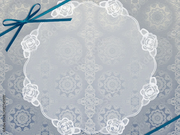 Fototapeta リボンと薔薇のドイリーのカード レース グレー シルバー