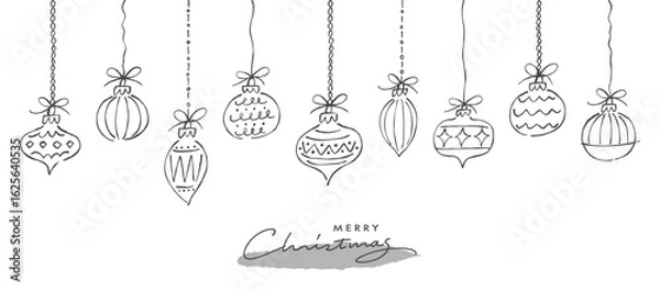 Obraz つり下がったクリスマスオーナメントのイラストセット。ラフな落書きスタイルの線画。