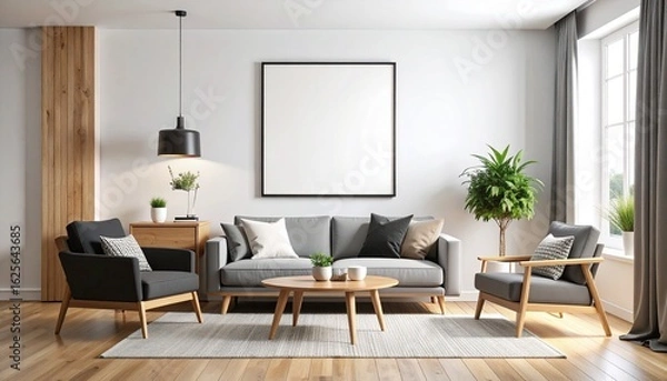 Obraz Modern living room interior with a grey sofa, wooden furniture, and a blank square poster frame on the white wall for mockup.