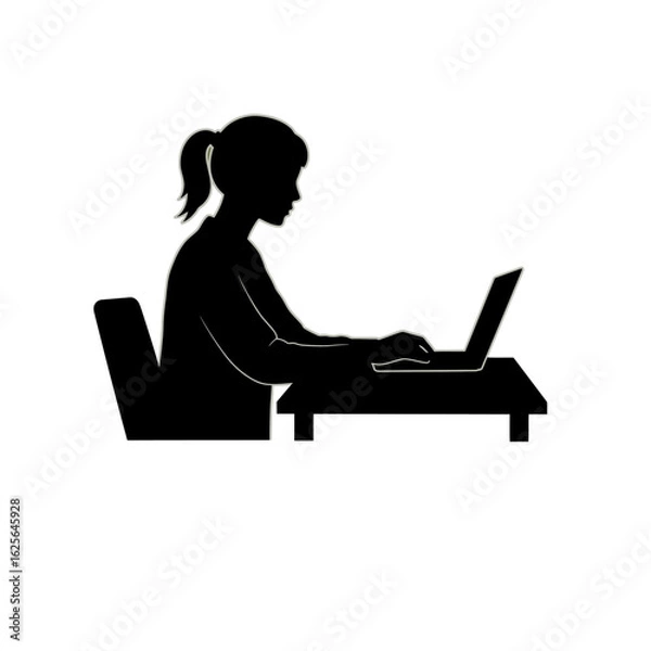 Fototapeta Silhouette of a woman with her hair in a ponytail, sitting at a desk and actively typing on a laptop computer.
