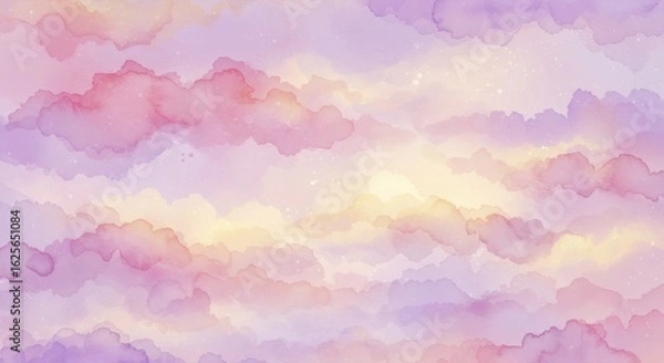Fototapeta Watercolor background with soft pink and purple clouds. Heaven and religion concept for spiritual design and art.