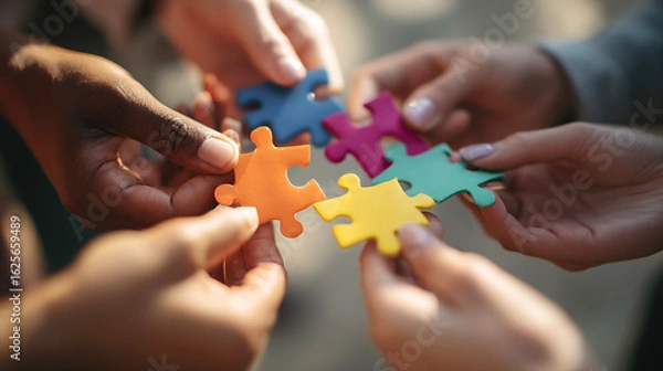 Obraz Diverse hands connect colorful puzzle pieces in a circle