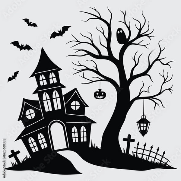 Obraz Haunted House Silhouette with Bats and Bare Tree for Halloween Design