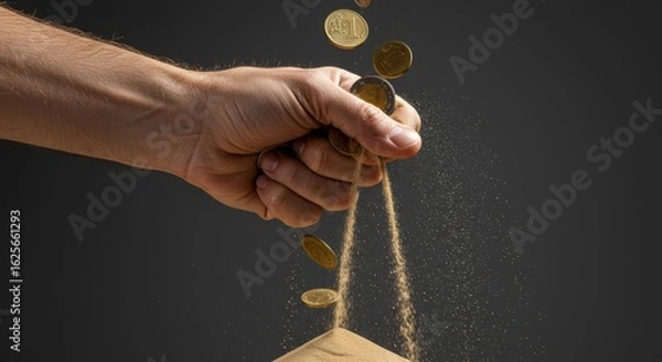 Obraz Coins Gripped in a Hand as Sand Escapes Below

