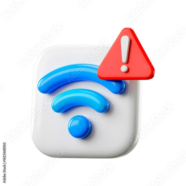 Fototapeta 3d rendering of a wi fi signal icon with a red warning exclamation mark isolated on transparent background