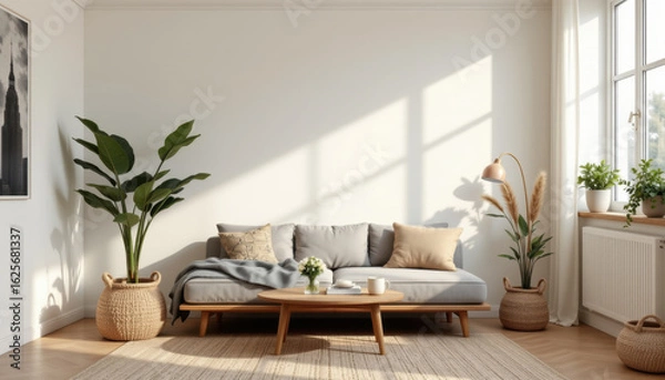 Fototapeta Cozy living room featuring modern sofa with decorative pillows, wooden coffee table, and indoor plants. Natural light streams through large windows, creating warm and inviting atmosphere