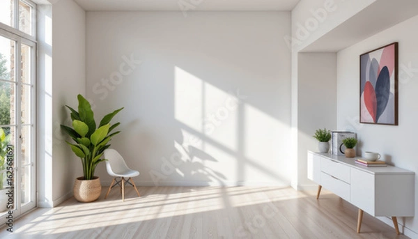 Fototapeta Bright and airy home interior featuring minimalist design. space includes large window allowing natural light to flood in, stylish chair, decorative plant, and modern sideboard with plants