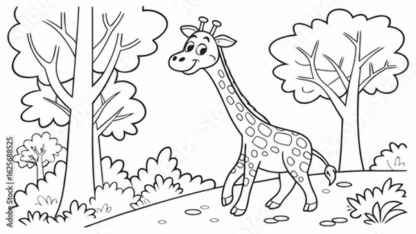 Fototapeta Vector Cartoon funny Giraffe, funny image in the forest, Coloring book page for children. Line Art isolated on white background