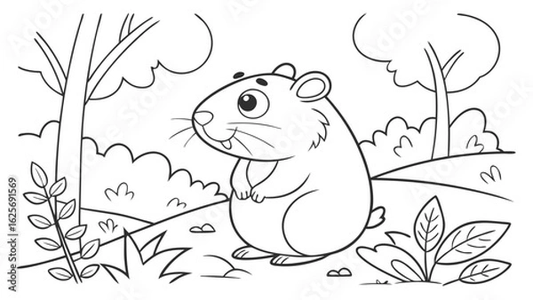 Fototapeta Vector Cartoon funny Hamster, funny image in the forest, Coloring book page for children. Line Art isolated on white background
