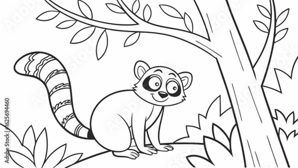 Fototapeta Vector Cartoon funny Lemur, funny image in the forest, Coloring book page for children. Line Art isolated on white background