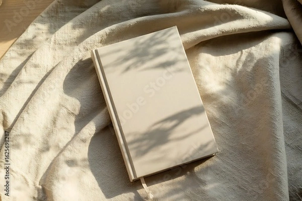 Fototapeta Blank Beige Notebook with Shadow Overlay on Textured Fabric journal diary