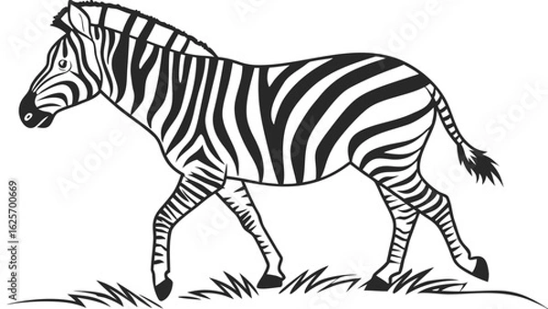 Fototapeta A zebra with black and white stripes walking on grass in a black and white vector illustration
