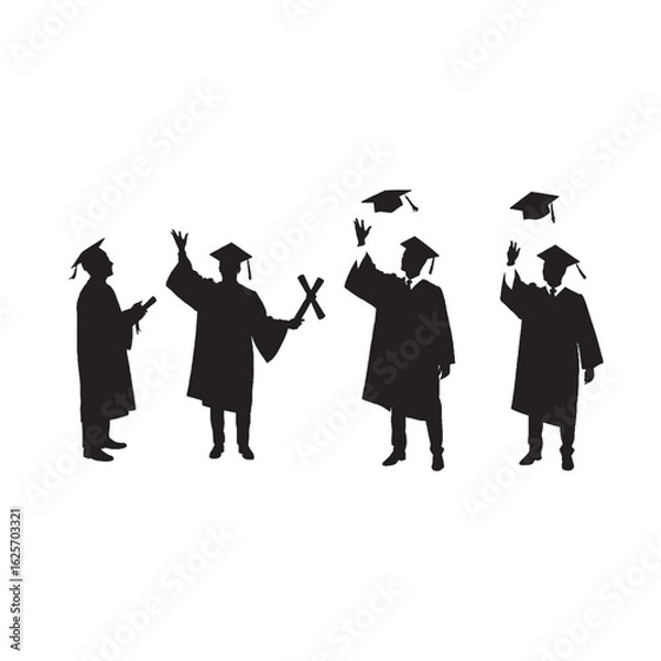 Fototapeta Group of Graduates Throwing Hats Silhouette on White Background – Vector Illustration for Celebration, Achievement, and Academic Success Concepts