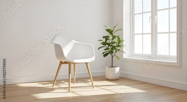 Fototapeta White chair and potted plant near a window in a bright room with hardwood floors and white walls